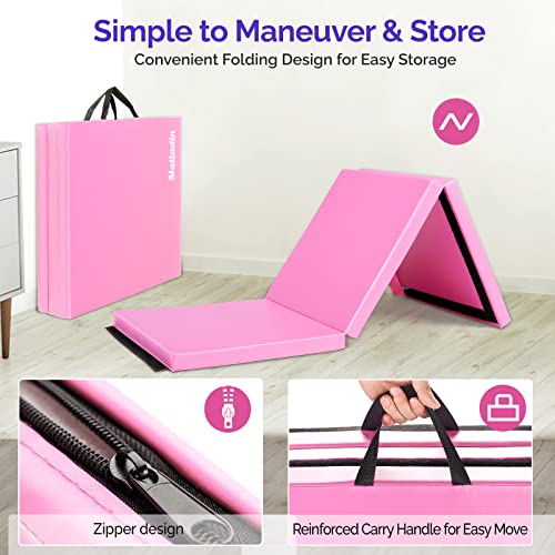 Matladin 6' Folding Tri-fold Gymnastics Gym Exercise Aerobics Mat, 6ft x 2ft x 2in PU Leather Tumbling Mats with Hook & Loop Fastener for Stretching Yoga Cheerleading Martial Arts - color: Pink