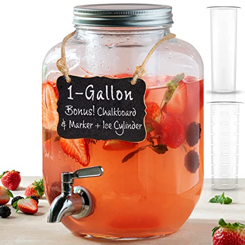 Le’raze 1 Gallon Glass Water Dispenser with Stainless Steel Spigot + Marker & Chalkboard, & Ice Cylinder - 100% Leakproof Beverage Mason Jar Drink Dispenser Gallon Jug - Laundry Detergent Holder.