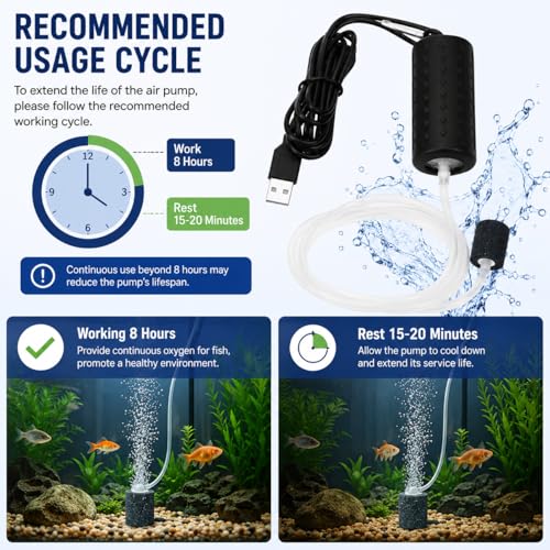 USB Powered Aquarium Air Pump, Portable Fish Tank Oxygen Pump with Air Stone, Black and White, Quiet Operation