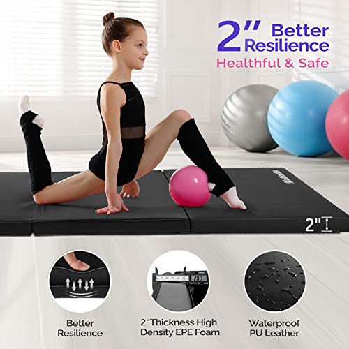 Matladin 6' Folding Tri-fold Gymnastics Gym Exercise Aerobics Mat, 6ft x 2ft x 2in PU Leather Tumbling Mats with Hook & Loop Fastener for Stretching Yoga Cheerleading Martial Arts - color: Black-2 Pack