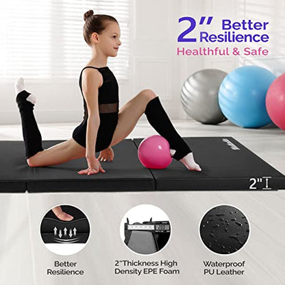 Matladin 6' Folding Tri-fold Gymnastics Gym Exercise Aerobics Mat, 6ft x 2ft x 2in PU Leather Tumbling Mats with Hook & Loop Fastener for Stretching Yoga Cheerleading Martial Arts - color: Black-2 Pack