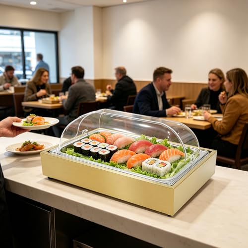 Countertop Ice Food Serving Display Tray with Transparent Roll Lid Buffet Cold Serving Cooler Platter Cooling Fruit Food Dishes Display Plate Table Decorations