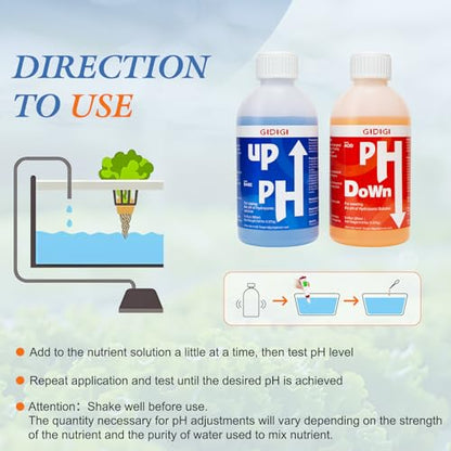 Hydroponics pH Up Down Solution pH Control Kit,pH Adjuster for Hydroponic, Aquaponic, Balance Nutrient Solution, Include pH Test Strips(8.45oz/250ml)