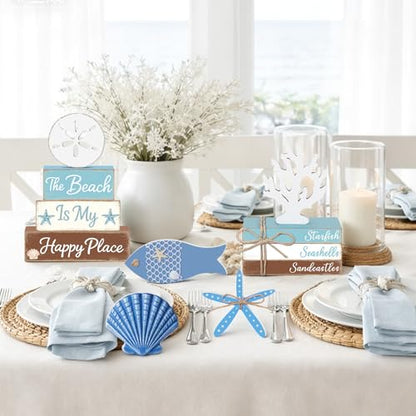 11 Pcs Beach Table Decorations Set Ocean Tiered Tray Decor Summer Wood Block Sign Gift the Beach Is My Happy Place Starfish Seashell Coastal Centerpiece Summer Party Supplies Shelf - style: Beach