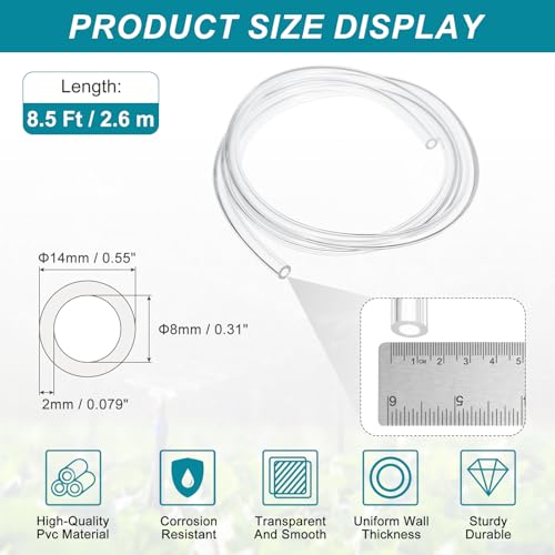 uxcell 5/16 Inch Clear PVC Tubing, 8mm ID x 14mm OD - 8.5ft PVC Tube Lightweight Vinyl Hose, Transparent Flexible Plastic Water Tubing for Air Oil Water Transfer Aquarium Irrigation - size: 8mm ID x 14mm OD