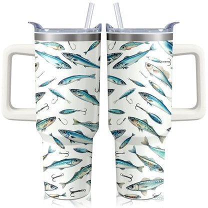 40oz Fishing Tumbler with Handle and Straw, Stainless Steel Insulated Cup with Lid and Straw, Travel Coffee Mug Water Bottle, Birthday Mothers Day Gifts for Women Men Fish Lovers