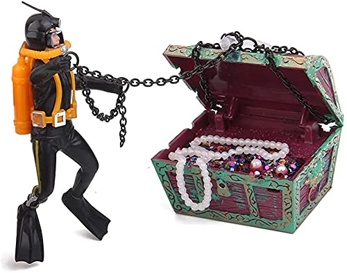 Aquarium Decor Creative Treasure Seeker, Fish Tank Ornament Undersea Landscape Treasure Chest Hunt Diver Air-Operated Decoration - Black - color: Black