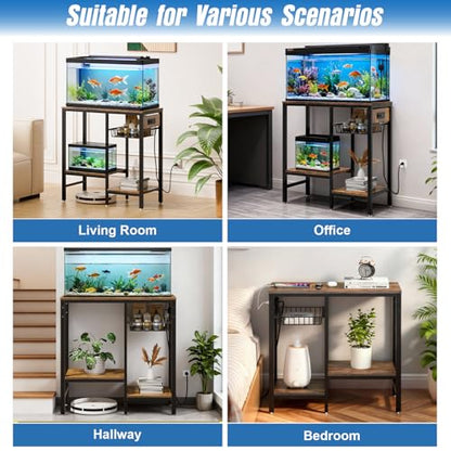 20 Gallon Fish Tank Stand with Power Outlet, Metal Aquarium Stand with Adjustable Shelves and Pull Out Wire Tray, Ample Storage for Fish Tanks Accessories, Reptile Tank Stands, Brown