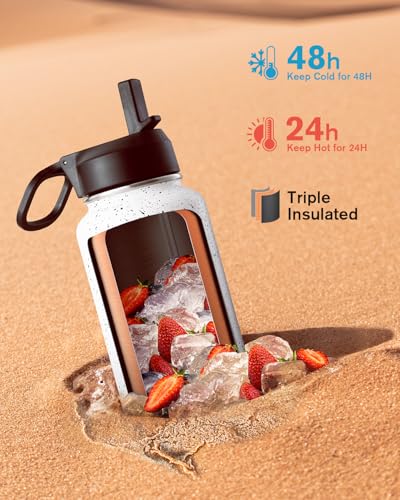 Coolflask 32 oz Water Bottle Insulated with Straw & 3 Leakproof Lids - color: Arctic White, size: 32 Ounces