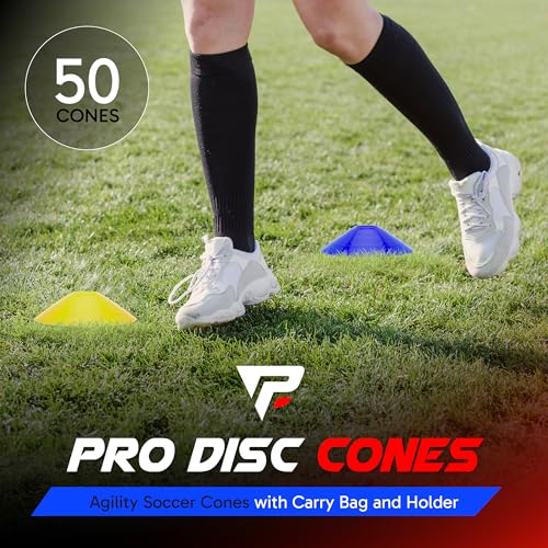 Pro Disc Cones (Set of 50) - Agility Soccer Cones with Carry Bag and Holder for Sports Training, Football, Basketball, Coaching, Practice Equipment, Kids - Includes 15 Best Cone Drills Book - color: Orange and Yellow