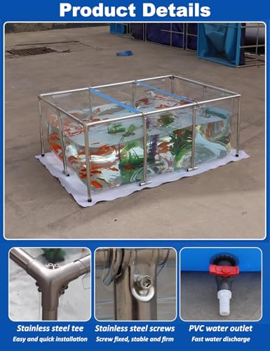 Transparent Aquarium Pool Pond for Koi/Goldfish - Above Ground Fish Pond with PVC Liner and Stainless Steel Frame, Large Breeding Water Tank for Outdoor Indoor Backyard(39.3"x23.6"x19.7")