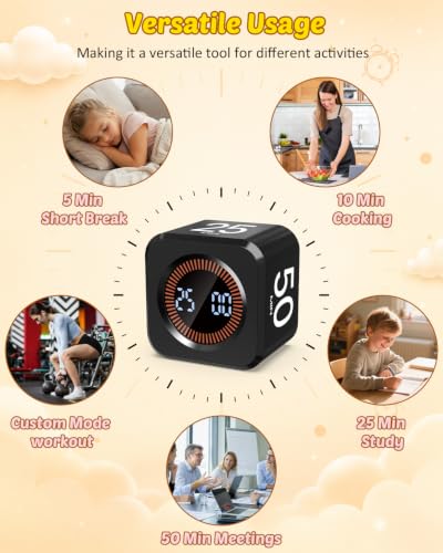 Digital Pomodoro Timer Cube 5/10/25/50min Preset, Silent & Sound Alarm - color: Black