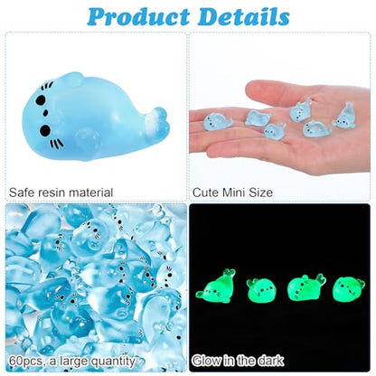 60PCS Glow in The Dark Mini Seal Figurines, Mini Resin Animals, Cute Luminous Seal Animals for Fairy Garden, Aquarium, Potted Plants, Desk Display DIY Crafts
