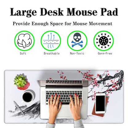 Large Mouse Pads White, Home Office Desk Pad Gaming Mat, Desk Mat Large Non-Slip Rubber Base Waterproof with Stitched Edges, 35.4 X 15.7 inch for Work/Game/Office Japan Traditional Painting - color: Japan Traditional Painting