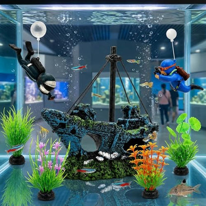Fish Tank Decor, 7 Pcs Aquarium Decorations Set with Shipwreck Decoration, Little Diver and Fish Tank Plants, Betta Fish Tank Accessories for Visual Enhancement