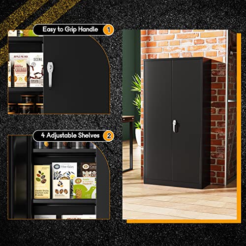 Storage Cabinet, 72” Black Garage Steel Locking Cabinet with Doors and 4 Adjustable Shelves, Tall Lockable File &Tool Cabinet for Home Office, Metal Classroom Cabinet Basement
