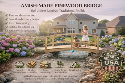 10 FT NATURAL Amish Made Garden Bridge with DOUBLE RAILS for Walkway, Backyard Pond & Landscaping, Outdoor Wooden Footbridge for Koi Pond, Japanese Style Decorative Bridge, Made in USA