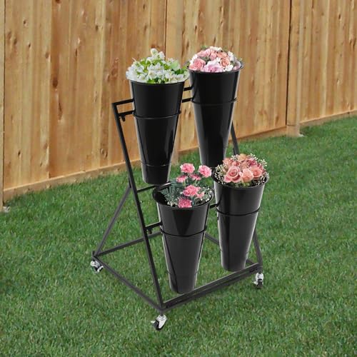 Flower Display Stand with 4 Buckets, 2 Layers, Cut Flowers Shelf Display Holder for Outdoor, Indoor, Patio, Garden, Living Room, Florist, Black - style: 2 Layers 4 Buckets Black