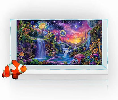 Aquarium Background with Galaxy Space Planet Design, Waterfall Landscape Tapestry Fantasy Mountain Wave Wall Tapestry Mysterious Neon Plants Fish Tank with Mushroom Design - size: 36" X 24" （90X60 cm）