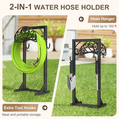 Freestanding Garden Hose Stand, Heavy Duty Water Hose Holder with Tool Hooks, 4 Anchoring Spikes, 150 ft Storage for Yard & Lawn - style: Vine