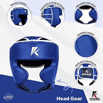Kruzak Unisex Boxing Headgears - MMA Training, Adjustable Padded, Kara,Muay Thai Headgear, Kickboxing, Sparring, Martial Arts, Karate, Taekwondo MMA Body Equipment - color: Blue, size: Small-Medium