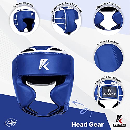 Kruzak Unisex Boxing Headgears - MMA Training, Adjustable Padded, Kara,Muay Thai Headgear, Kickboxing, Sparring, Martial Arts, Karate, Taekwondo MMA Body Equipment - color: Blue, size: Large-X-Large