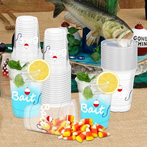 50Pcs Fishing Party Cups, 12oz Fishing Plastic Cups for Fishing Birthday Wedding Favors Bridal Supplies Baby Shower Tea Party Decorations