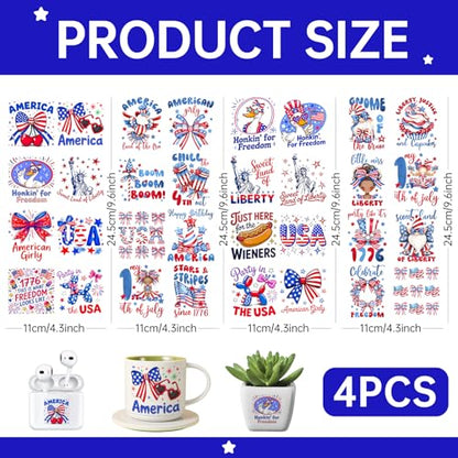 4 PCS Watercolor 4th of July UV DTF Cup Wrap, Rub on Transfer Stickers for 16oz Glass Mugs, High Viscosity Permanent UV DTF Sticker, Coffee Cups, Water Bottles and Personalized Crafts - style: Watercolor 4th Of July
