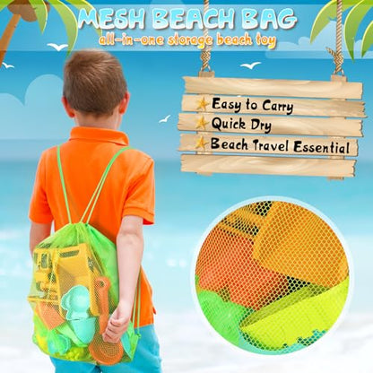 Beach Sand Toys for Kids, 29PCS Sandbox Toys with 2 Collapsible Bucket Sand, 2 Dump Truck, Dinosaur Molds, Castle Building Kit, Shovel Sieve,Flags,Mesh Bag Travel Beach Toys for Toddler 3-10