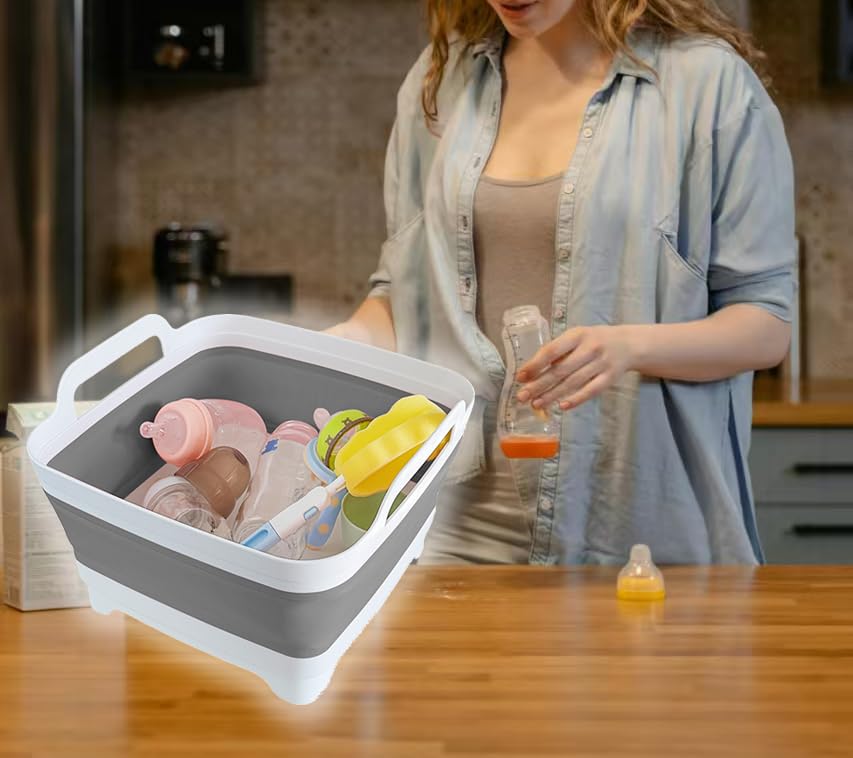 Collapsible Wash Basin with Drain Plug - 2.4 Gallon Foldable Kitchen Sink for Baby Bottles, RV Camping, Space-Saving Dish Tub (Gray-Gray) - color: Gray-gray