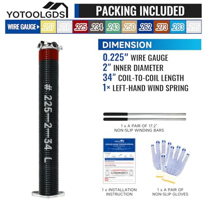 Left Hand Wind（Black Cone）2" Garage Door Torsion Spring with Non-Slip Winding Bars & Gloves, High Precision Electrophoresis Black Coated, for Replacement, MIN 16,000 Cycles (0.225x2''x34'') - size: 0.225X2"X34"-L