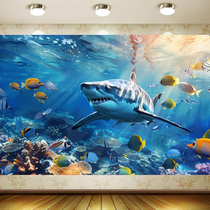 7x5FT Underwater Shark Backdrop Tropical Ocean World Coral Reef Photo Background Blue Sea Fish Aquarium Party Banner Kids Birthday Photography Summer Pool Party Wall Decor Supplies