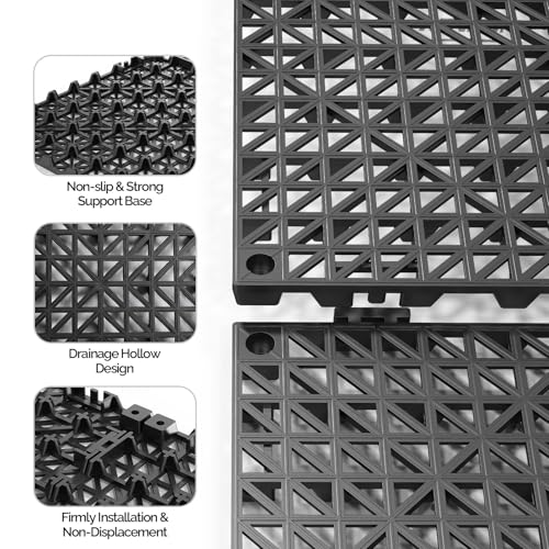 Bonnlo Black Interlocking Floor Tile, 12''*12'' Anti-Fatigue Floor Mat, Restaurant Drainage Kitchen Mat, Cushioned Flooring Mat, Non-Slip Garden Tile for Poolside, Wet Area, Deck and Bathroom Use