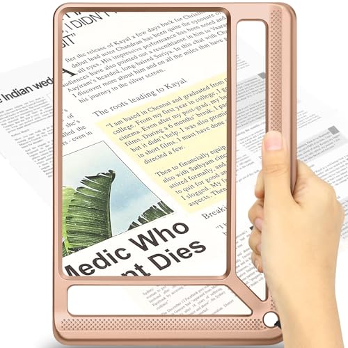 AKKYCVS 5X Full Page Magnifying Glass for Reading, Lightweight Rectangular Magnifier Provides Large Book Page Viewing Area, Handheld Magnifier for Reading Small Print for Seniors, Low Vision-Rose Gold - color: Pink