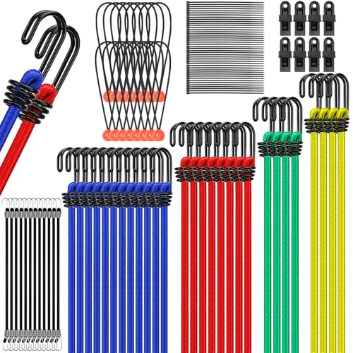 66-Piece Premium Bungee Cords Assortment Jar, Includes 10", 18", 24", 32", 40" Bungee Cord with Hooks, 6" Nylon Cable Ties, 8" Canopy Tarp Ball Ties and Tarp Clips - size: 66-Piece