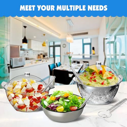 MEHOEIME Large Ice Chill Salad Bowl with Lid, Iced Serving Bowl with Ice Chiller Base For Parties, Keep Food Cold at Party, Ice Chilled Tray, Long Spoons, Extra, Clear