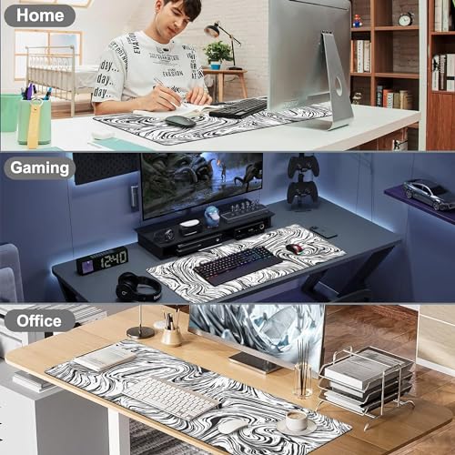 Black and White Marble Desk Mat,Large Abstract Marble Texture Gaming Keyboard Mouse Pad,Non-Slip Rubber Base Desk Pad Thick Stitched Edges Waterproof Mousepad Mouse Mat 31.5"x11.8" - color: White and Black Marble