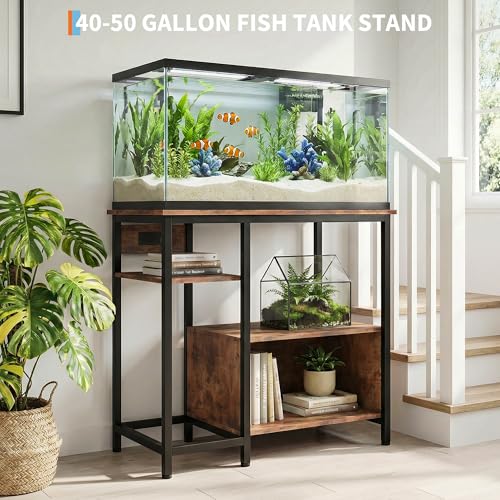 40-50 Gallon Fish Tank Stand, Heavy Duty Aquarium Stand with Power Outlets & Storage Shelves, Industrial Wood Metal Fish Tank Table Cabinet, 600LBS Terrarium Stand Tank Stand for Aquarium, Turtle Reptile Tank - color: Brown