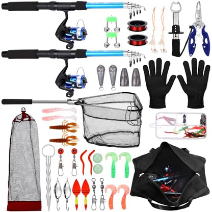 Telescopic Fishing Rod and Reel Combo, 6.89ft 2pcs Collapsible Rod with Plier Lip Gripper Lures Carrier Bag Pre-Loaded Spinning Reel Saltwater Freshwater Fishing Pole Kit