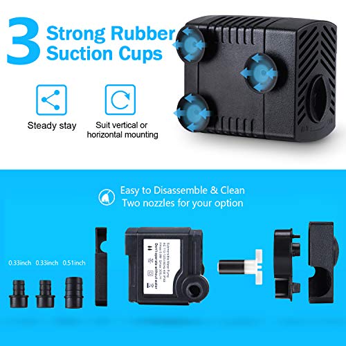 Fountain Pump, 80GPH(4W 300L/H) Submersible Water Pump, Durable Outdoor Fountain Water Pump with 4.9ft Tubing (ID x 1/3-Inch), 3 Nozzles for Aquarium, Pond, Fish Tank, Water Pump Hydroponics