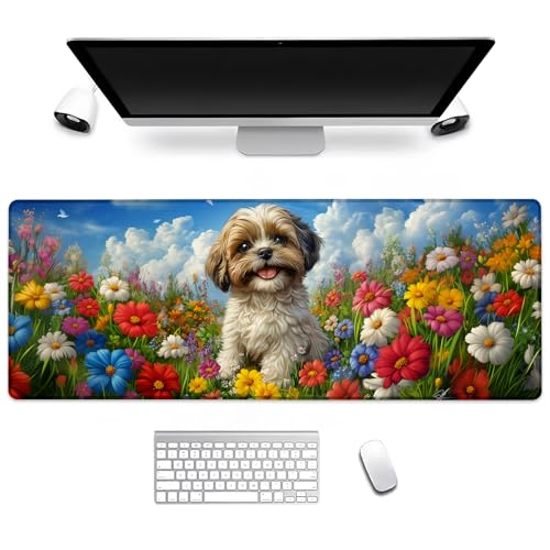 Cute Dog Gaming Mouse Pad, Computer Keyboard Desktop Adorable Puppy in Flower Field Mouse Pads for Home, Work, Desk Decor, Large Office Laptop Anti-Slip Rubber Base Desk Mat 31.5×11.8 in - color: Dog05