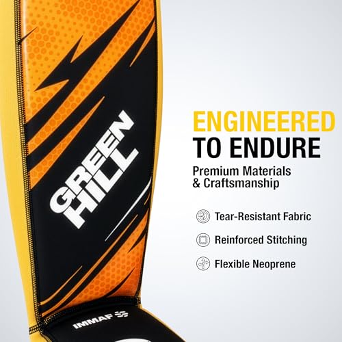 Green Hill IMMAF Shin Guards for MMA, Muay Thai & Kickboxing - color: Black/Golden, size: Large