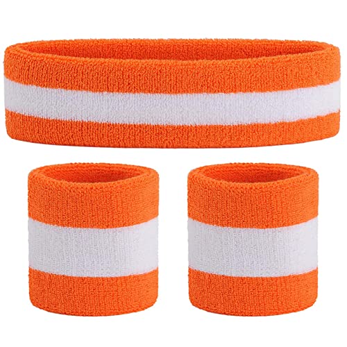 ONUPGO Sweatband Set Sports Headband Wristband Set Sweatbands Terry Cloth Wristband Wrist Sweatband Headbands Moisture Wicking Sweat Absorbing Head Band - color: Orange/White/Orange
