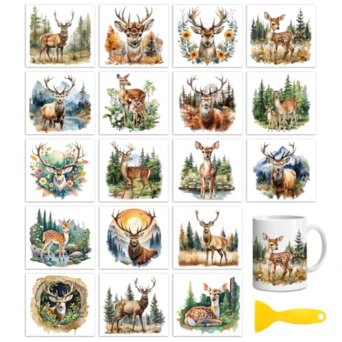Peacoblue 18 Sheets Rub on Transfers for Crafts, Forest Deer 3.6"x3.9" UV DTF Cup Wraps Waterproof Rub on Cold Transfers Stickers for Wood Glass Metal Cup Tumblers Mirrors Mugs Home Decor - style: Forest Deer