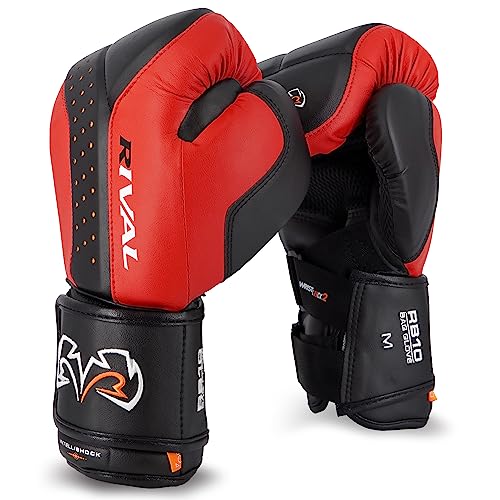 RIVAL Boxing RB10 Intelli-Shock Bag Gloves, Hook and Loop Closure - Ergonomic Fit, 1.25” of Closed Cell Foam for Intense Bag Use - color: Black/Red, size: Small