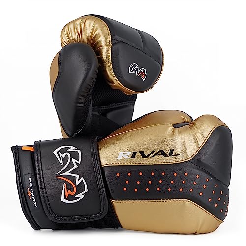 RIVAL Boxing RB10 Intelli-Shock Bag Gloves, Hook and Loop Closure - Ergonomic Fit, 1.25” of Closed Cell Foam for Intense Bag Use - color: Black/Gold, size: Small