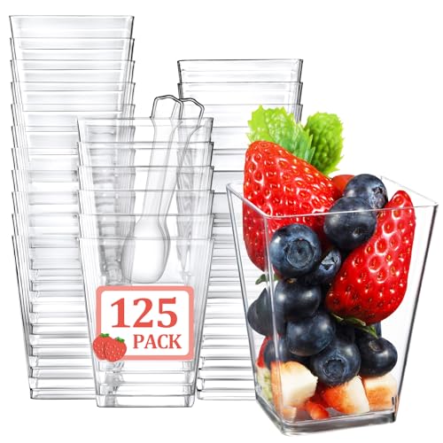 Eupako 125 Pack 5 OZ Plastic Mini Dessert Cups with Spoons - Clear Small Parfait Cups, Square Appetizer Cups for Fruit, Pudding, Mousse, Ice Cream, Party, Wedding, Valentine's Day - color: 125 Cups+125 Spoons