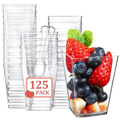 Eupako 125 Pack 5 OZ Plastic Mini Dessert Cups with Spoons - Clear Small Parfait Cups, Square Appetizer Cups for Fruit, Pudding, Mousse, Ice Cream, Party, Wedding, Valentine's Day - color: 125 Cups+125 Spoons