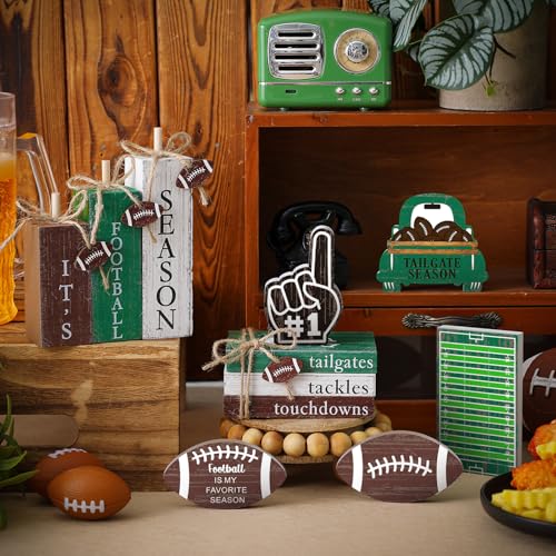 11 Pcs Football Table Decorations Football Tiered Tray Decor Centerpiece Decorative Wood Books Table Top Decor Tailgates Tackles Touchdowns Wooden Sign for Home Party Supplies - style: Football