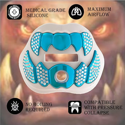 LeCool Football Mouth Guard with Connected Strap- 3D Beast Chrome Adult and Youth Mouth Guard-Mouth Piece for Sports for Maximum Air Flow and Teeth Protection - color: White-blue